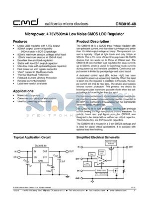 CM3016-48 datasheet - Micropower, 4.75V/500mA Low Noise CMOS LDO Regulator