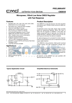 CM3018-28SO datasheet - Micropower, 150mA Low Noise CMOS Regulator with Fast Response