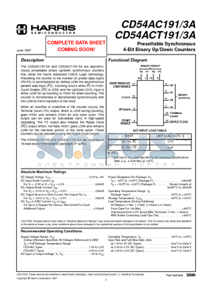 CD54ACT191 datasheet - Presettable Synchronous 4-Bit Binary Up/Down Counters