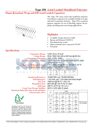 150155J250ME1 datasheet - Type 150 Axial Leaded Metallized Polyester