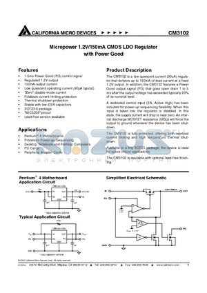 CM3102-12ST datasheet - Micropower 1.2V/150mA CMOS LDO Regulator with Power Good