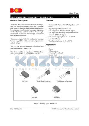 AZ431AZ-BTRG1 datasheet - ADJUSTABLE PRECISION SHUNT REGULATORS