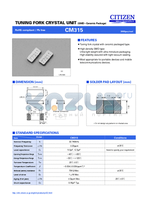 CM315 datasheet - TUNING FORK CRYSTAL UNIT (SMD  Ceramic Package)