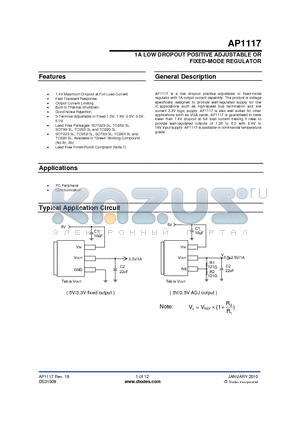 AP1117EXXG-13 datasheet - 1A LOW DROPOUT POSITIVE ADJUSTABLE