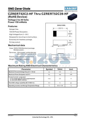 CZRERT52C2V2-HF datasheet - SMD Zener Diode