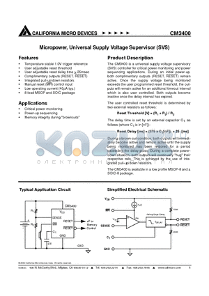 CM3400-00SN datasheet - Micropower, Universal Supply Voltage Supervisor (SVS)