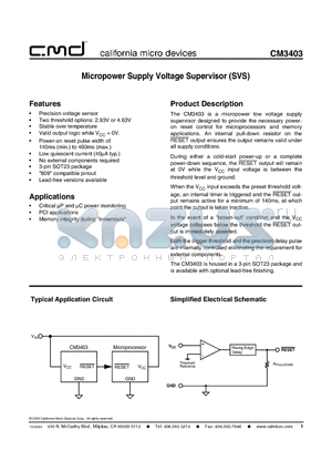 CM3403 datasheet - Micropower Supply Voltage Supervisor (SVS)