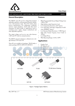 AZ431LAZTR-E1 datasheet - LOW VOLTAGE (1.24V) ADJUSTABLE PRECISION SHUNT REGULATOR