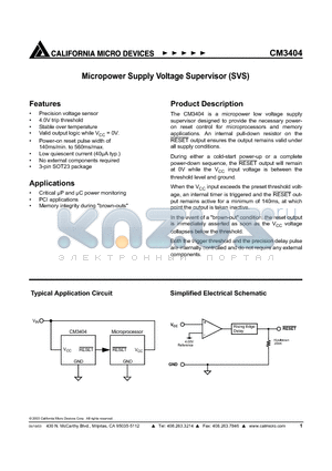 CM3404 datasheet - Micropower Supply Voltage Supervisor (SVS)