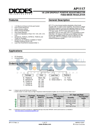 AP1117Y15L-13 datasheet - 1A LOW DROPOUT POSITIVE ADJUSTABLE OR FIXED-MODE REGULATOR