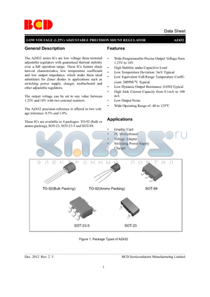 AZ432BKTR-E1 datasheet - LOW VOLTAGE (1.25V) ADJUSTABLE PRECISION SHUNT REGULATOR