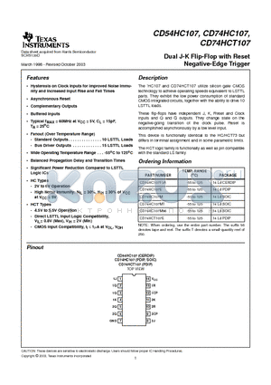 CD54HC107 datasheet - Dual J-K Flip-Flop with Reset Negative-Edge Trigger