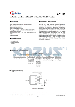 AP1118D15LA datasheet - 1A Positive Low Dropout Fixed-Mode Regulator With EN Function
