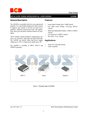 AZ4580 datasheet - DUAL LOW NOISE OPERATIONAL AMPLIFIERS