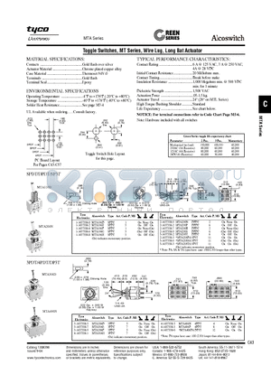 3-1437558-6 datasheet - Toggle Switches, MT Series, Wire Lug, Long Bat Actuator