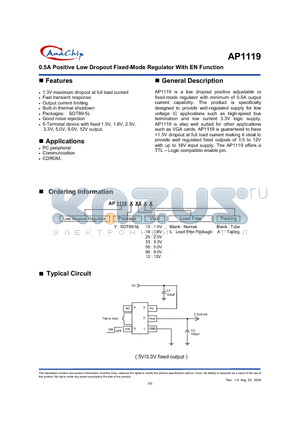 AP1119 datasheet - 0.5A Positive Low Dropout Fixed-Mode Regulator With EN Function