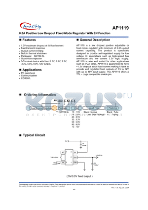 AP1119Y12LA datasheet - 0.5A Positive Low Dropout Fixed-Mode Regulator With EN Function