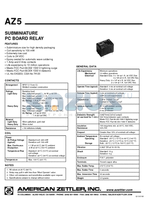 AZ5X-1C-12DE datasheet - SUBMINIATURE PC BOARD RELAY