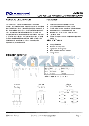 CM431ABCM2R3 datasheet - LOW VOLTAGE ADJUSTABLE SHUNT REGULATOR