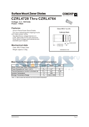 CZRL4730 datasheet - Surface Mount Zener Diodes