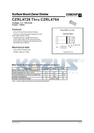 CZRL4740 datasheet - Surface Mount Zener Diodes