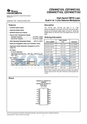 CD54HC153F3A datasheet - High-Speed CMOS Logic Dual 4- to 1-Line Selector/Multiplexer