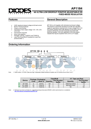 AP1184K5-50L-13 datasheet - 4A ULTRA LOW DROPOUT POSITIVE ADJUSTABLE OR FIXED-MODE REGULATOR