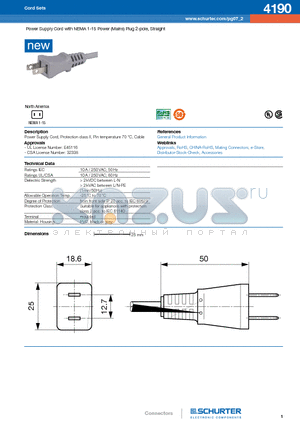 4190 datasheet - Power Supply Cord with NEMA 1-5p Power (Mains) Plug polarized, 2-pole, Straight