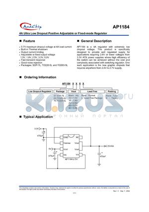 AP1184K525L datasheet - 4A Ultra Low Dropout Positive Adjustable or Fixed-mode Regulator