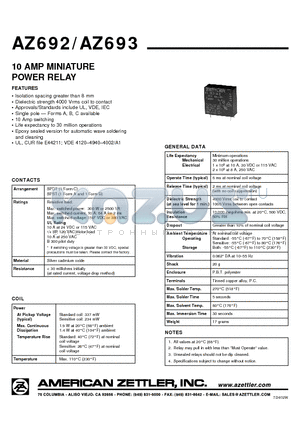 AZ693-052-52 datasheet - 10 AMP MINIATURE POWER RELAY