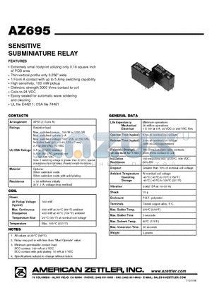 AZ695 datasheet - SENSITIVE SUBMINIATURE RELAY