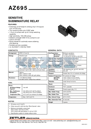 AZ695-5G datasheet - SENSITIVE SUBMINIATURE RELAY