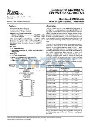 CD54HC173 datasheet - High-Speed CMOS Logic Quad D-Type Flip-Flop, Three-State