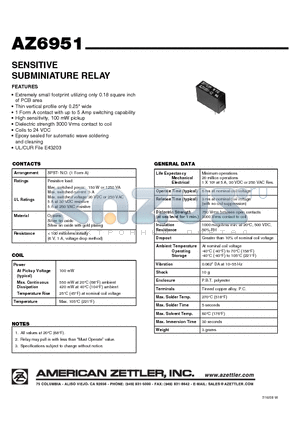 AZ6951-24 datasheet - SENSITIVE SUBMINIATURE RELAY