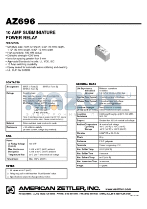 AZ696 datasheet - 10 AMP SUBMINIATURE POWER RELAY