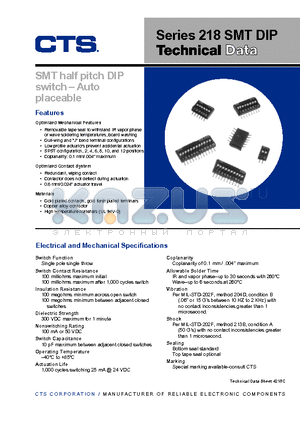 218 datasheet - SMT half pitch DIP switch-Auto placeable