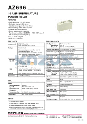 AZ696-1A-5D datasheet - 10 AMP SUBMINIATURE POWER RELAY