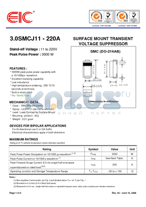 3.0SMCJ100A datasheet - SURFACE MOUNT TRANSIENT VOLTAGE SUPPRESSOR