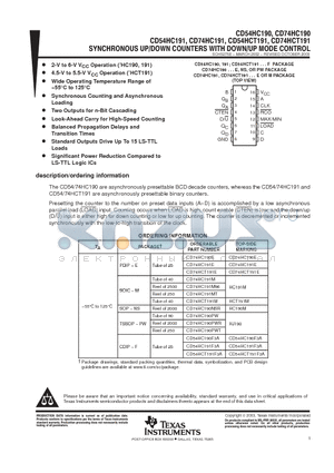 CD54HC191 datasheet - SYNCHRONOUS UP/DOWN COUNTERS WITH DOWN/UP MODE CONTROL