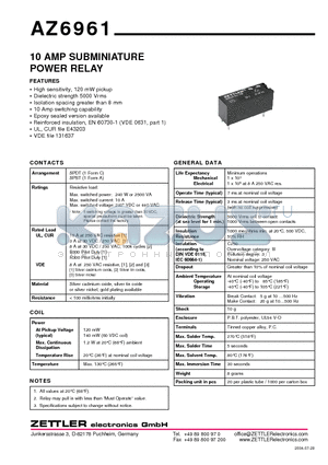 AZ6961-1A-15D datasheet - 10 AMP SUBMINIATURE