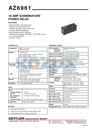 AZ6961-1A-5D datasheet - 10 AMP SUBMINIATURE