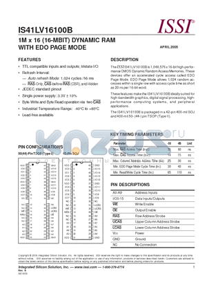 41LV16100B-60KI datasheet - 1M x 16 (16-MBIT) DYNAMIC RAM WITH EDO PAGE MODE