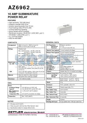 AZ6962 datasheet - 10 AMP SUBMINIATURE POWER RELAY
