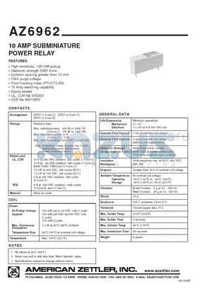 AZ6962-1AE-24DE datasheet - 10 AMP SUBMINIATURE POWER RELAY