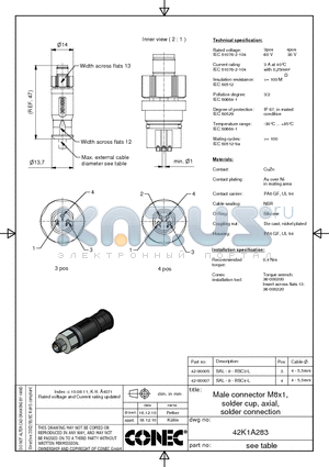 42-00005 datasheet - Male connector M8x1, solder cup, axial, solder co nnection