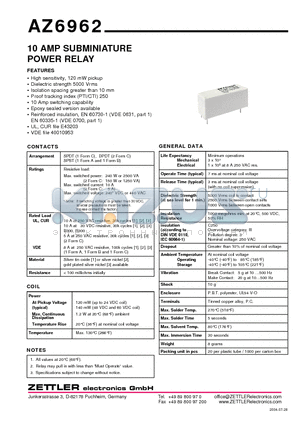 AZ6962-1CE-60D datasheet - 10 AMP SUBMINIATURE POWER RELAY