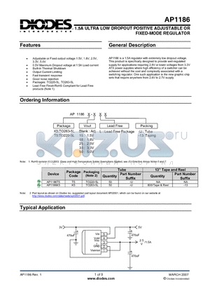 AP1186T5 datasheet - 1.5A ULTRA LOW DROPOUT POSITIVE ADJUSTABLE OR FIXED-MODE REGULATOR