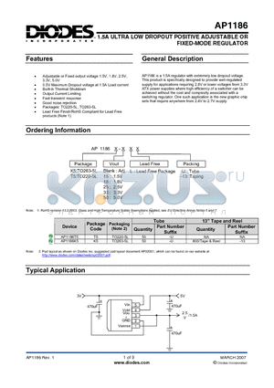 AP1186T5-15L-13 datasheet - 1.5A ULTRA LOW DROPOUT POSITIVE ADJUSTABLE OR FIXED-MODE REGULATOR