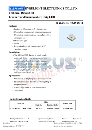 42-21A-GHC-YX1Y2N-1T datasheet - 1.8mm round Subminiature Chip LED