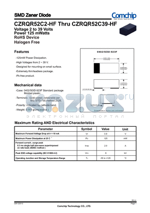 CZRQR52C2V7-HF datasheet - SMD Zener Diode